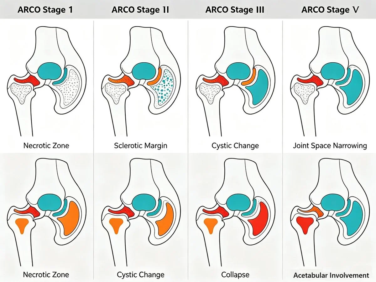股骨头坏死 ARCO 分期对比（示意图）